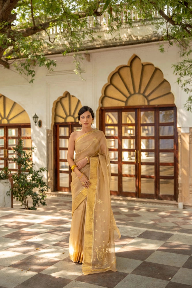Beige Handcrafted Pure Kota Silk Saree
