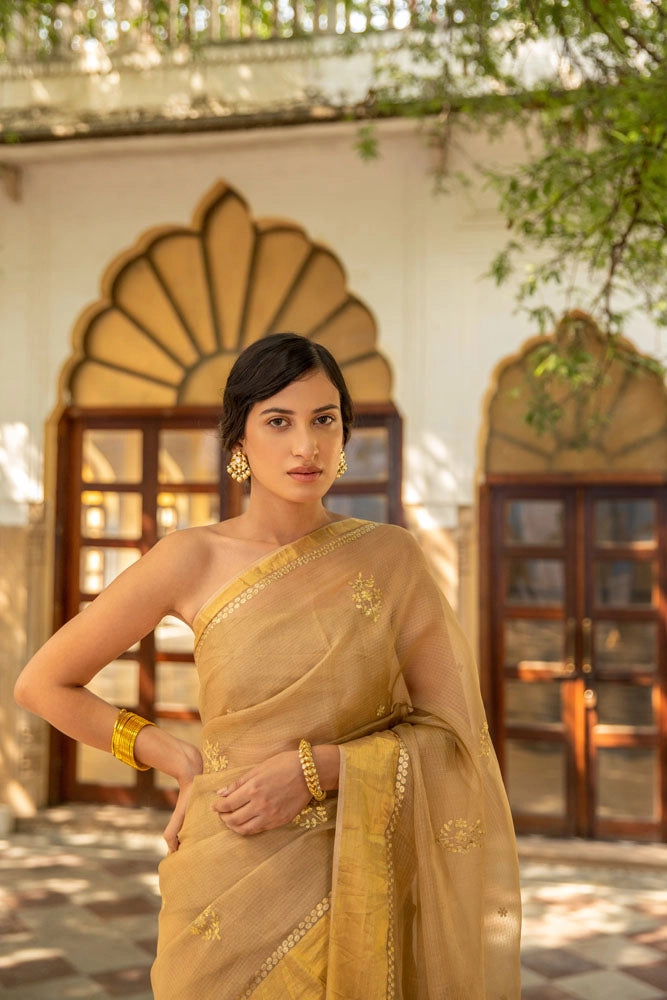 Beige Handcrafted Pure Kota Silk Saree