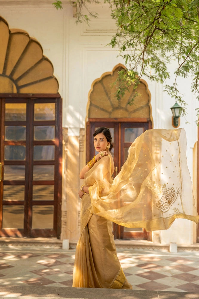 Beige Handcrafted Pure Kota Silk Saree
