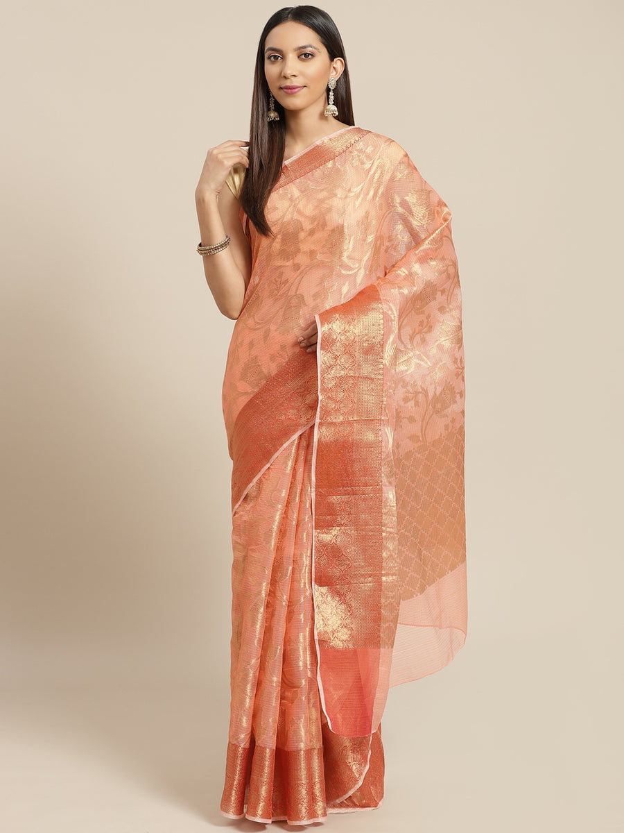 Peach Handwoven Zari Work Kota Doria Silk Saree