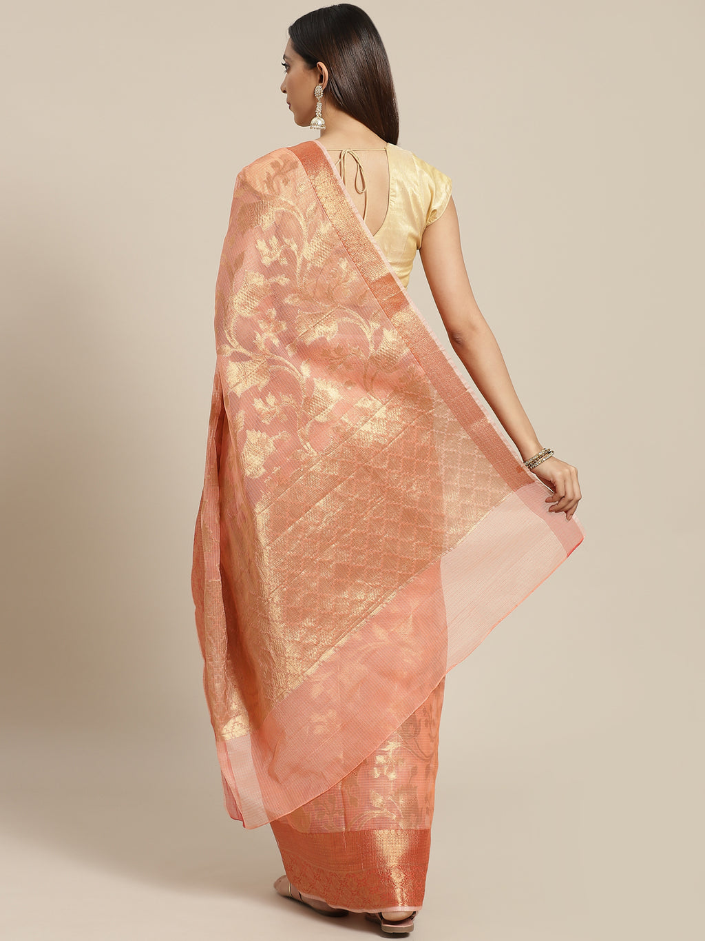 Peach Handwoven Zari Work Kota Doria Silk Saree