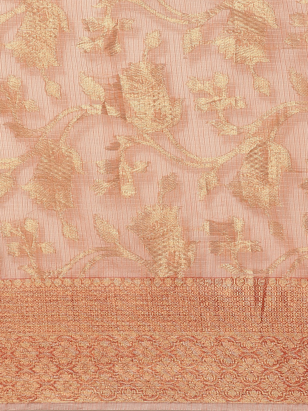 Peach Handwoven Zari Work Kota Doria Silk Saree