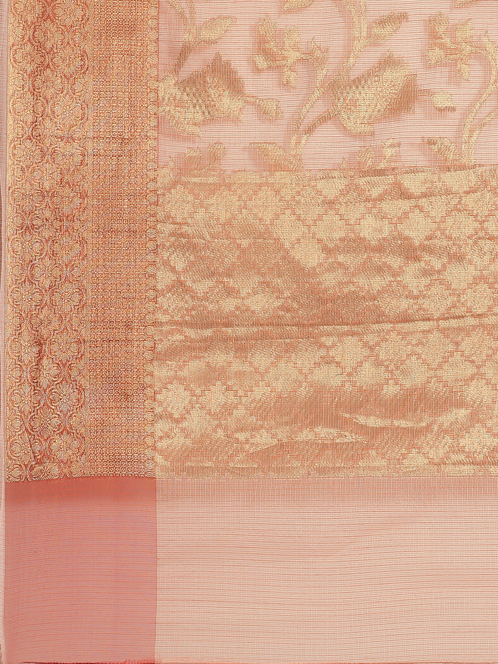Peach Handwoven Zari Work Kota Doria Silk Saree