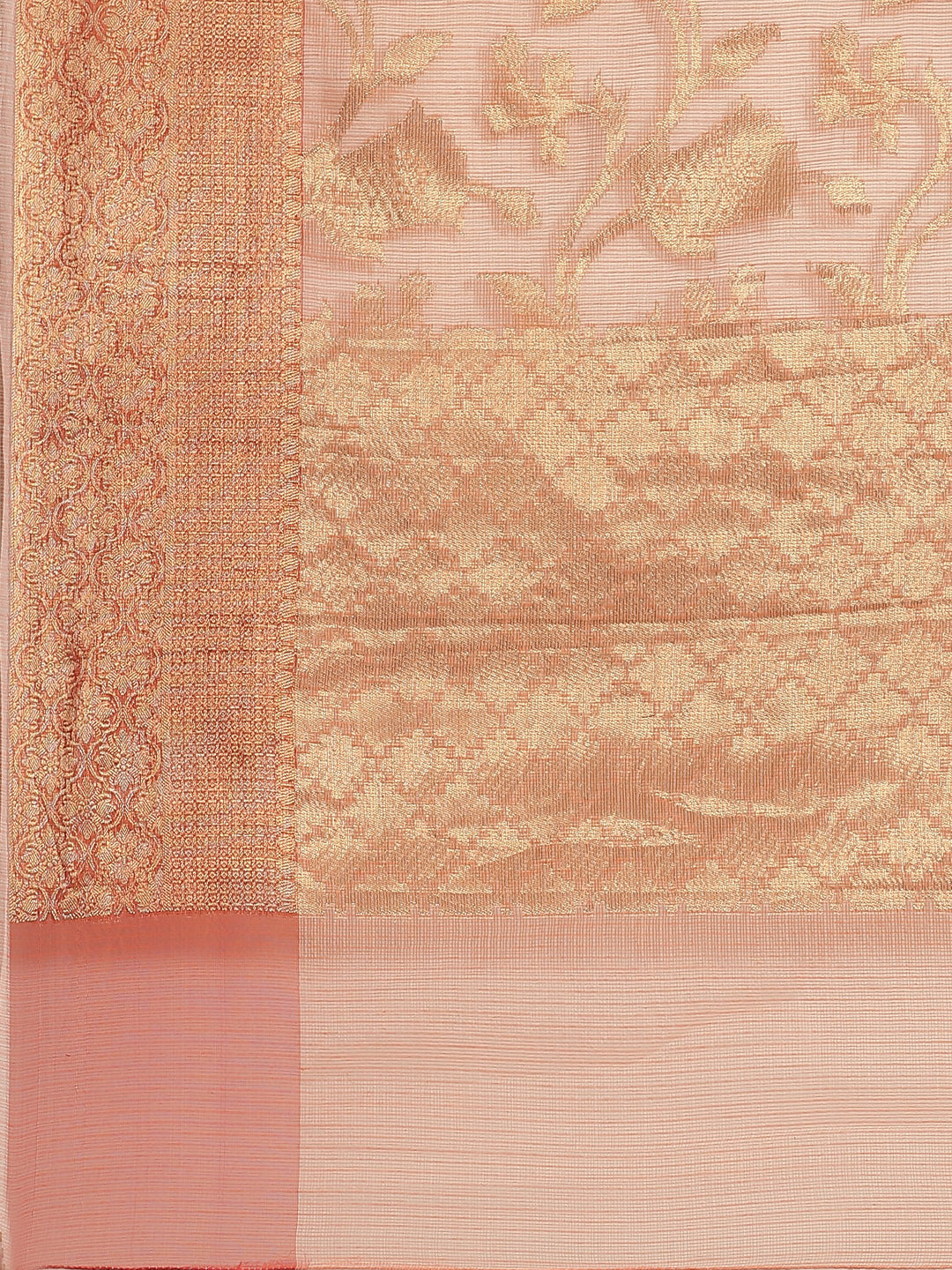Peach Handwoven Zari Work Kota Doria Silk Saree