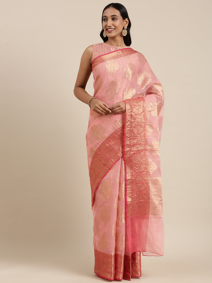 Pink  Kota Doria Zari Silk Saree