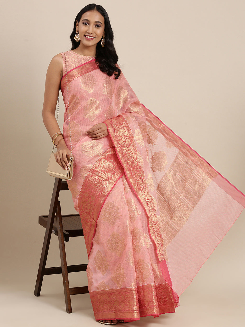 Pink  Kota Doria Zari Silk Saree