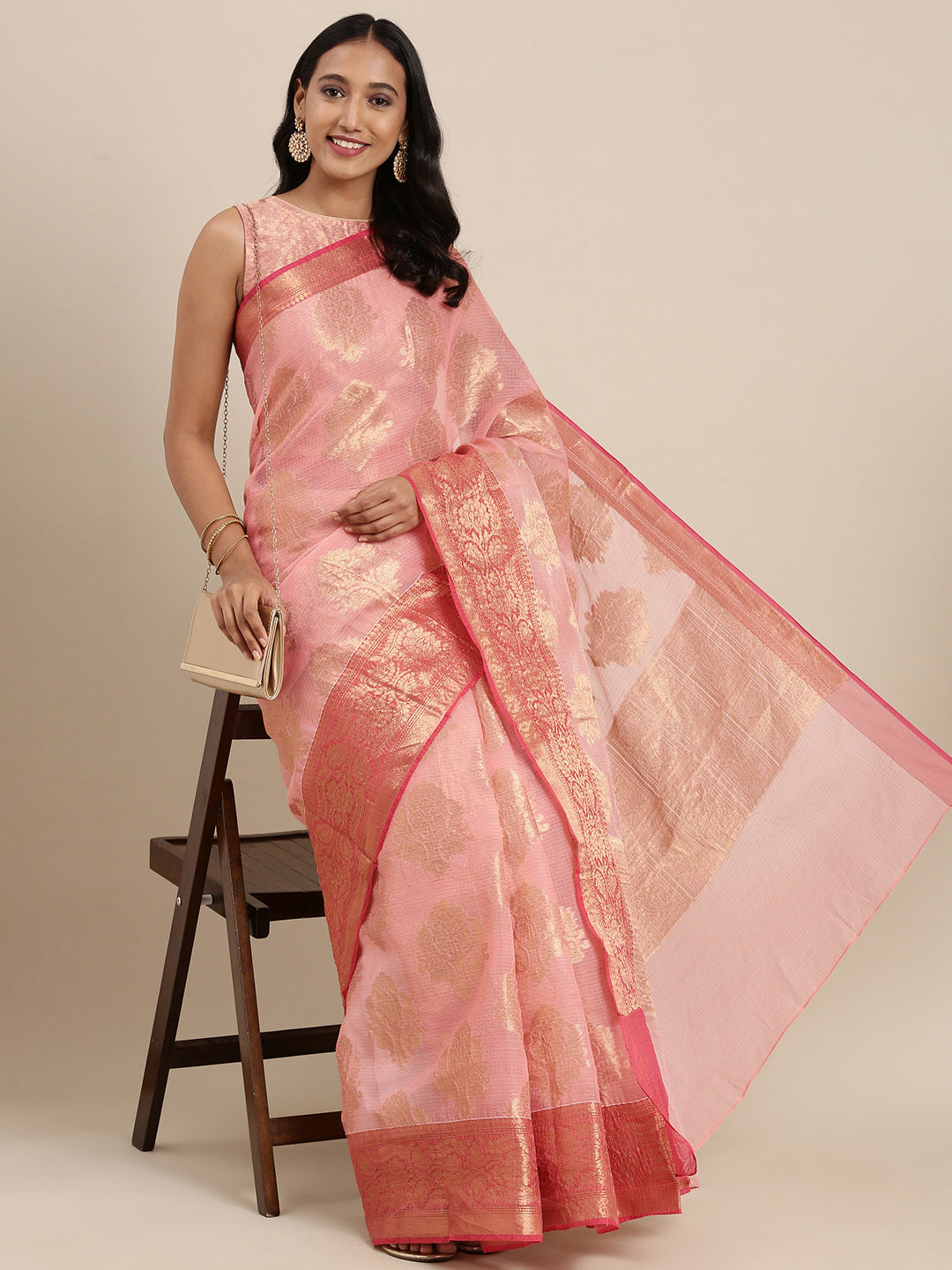 Pink  Kota Doria Zari Silk Saree
