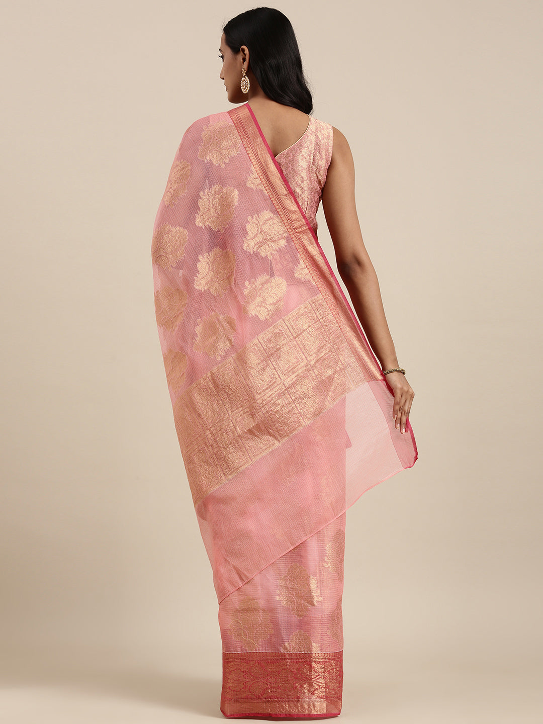 Pink  Kota Doria Zari Silk Saree