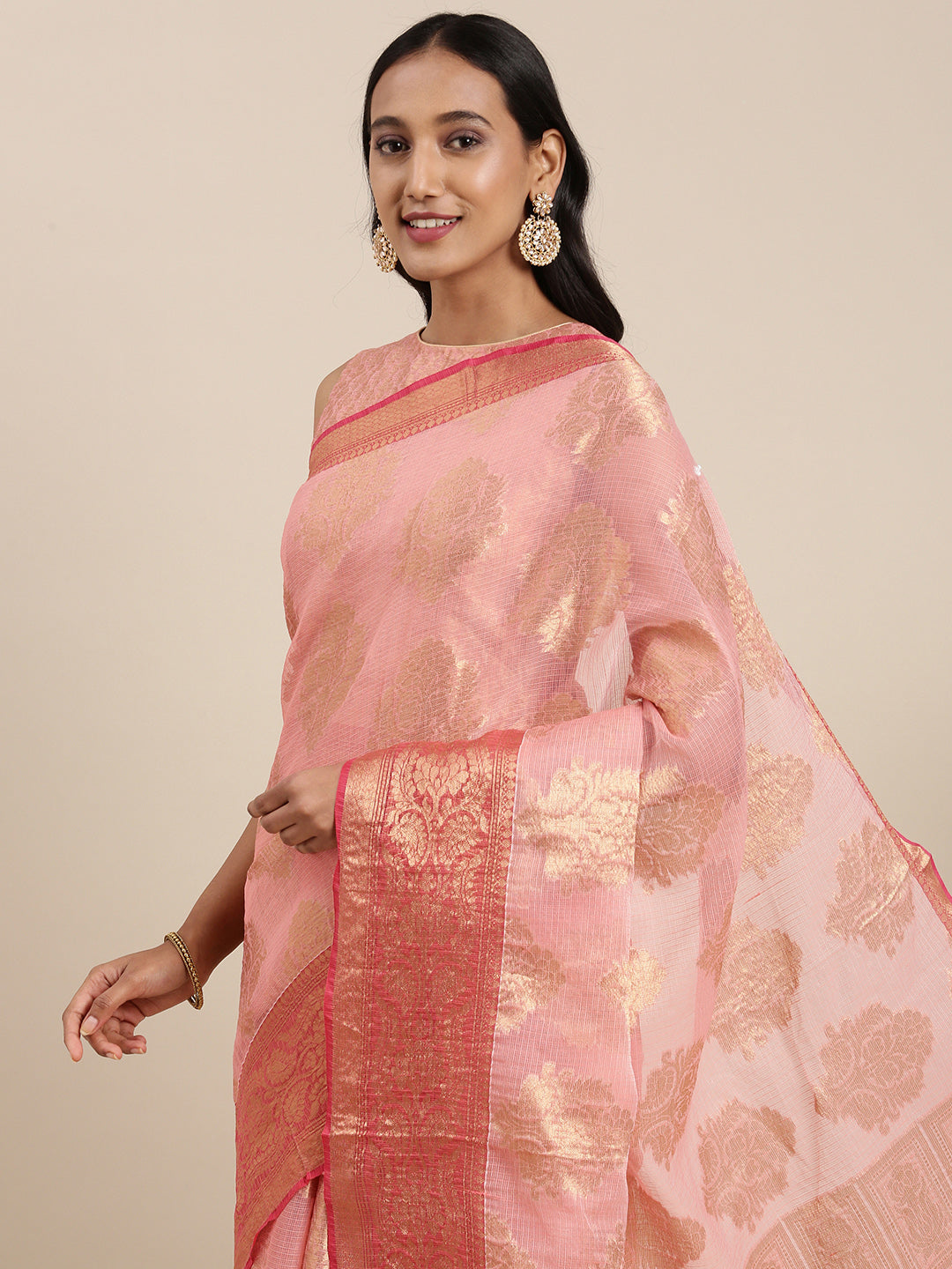 Pink  Kota Doria Zari Silk Saree