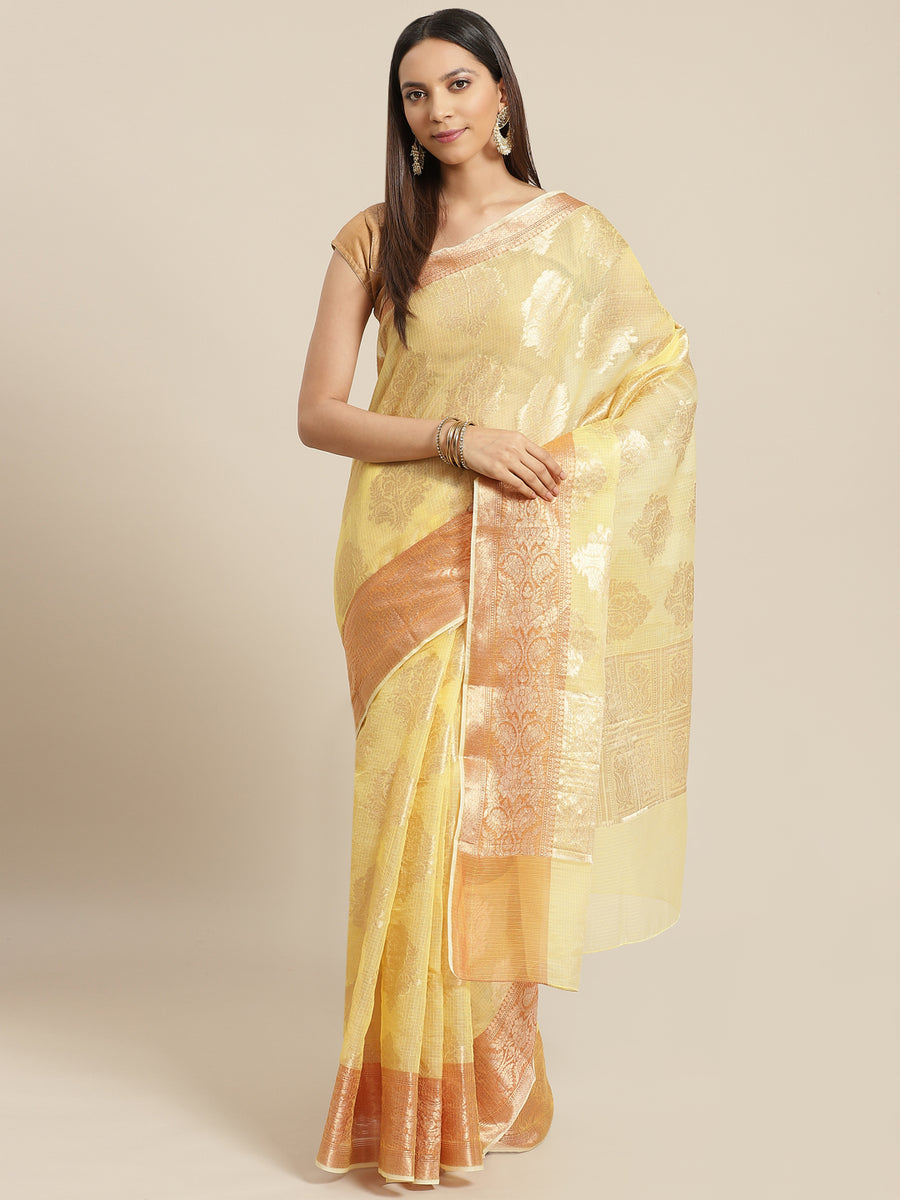 Yellow Kota Doria Zari Silk Saree