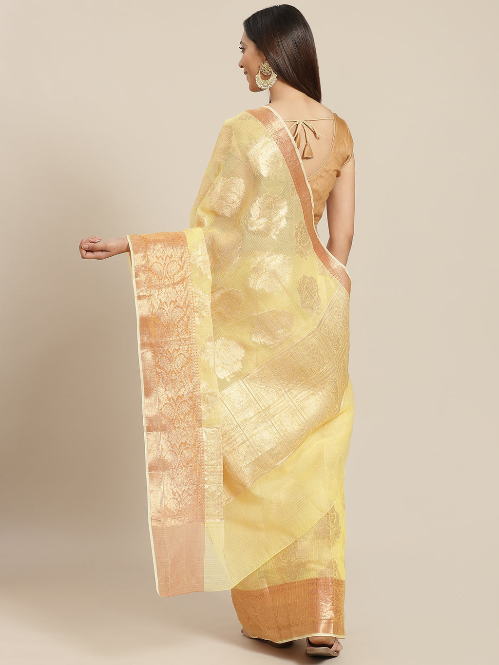 Yellow Kota Doria Zari Silk Saree