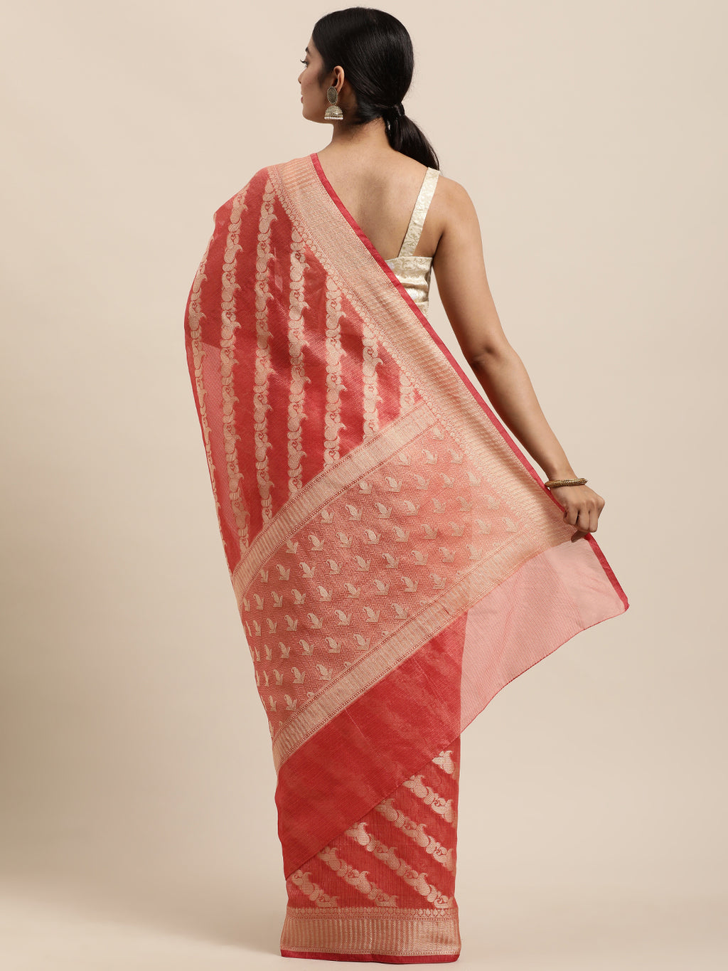 Peach Zari Work Kota Doria Silk Saree
