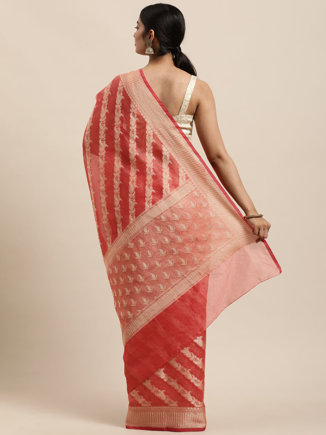 Peach Zari Work Kota Doria Silk Saree