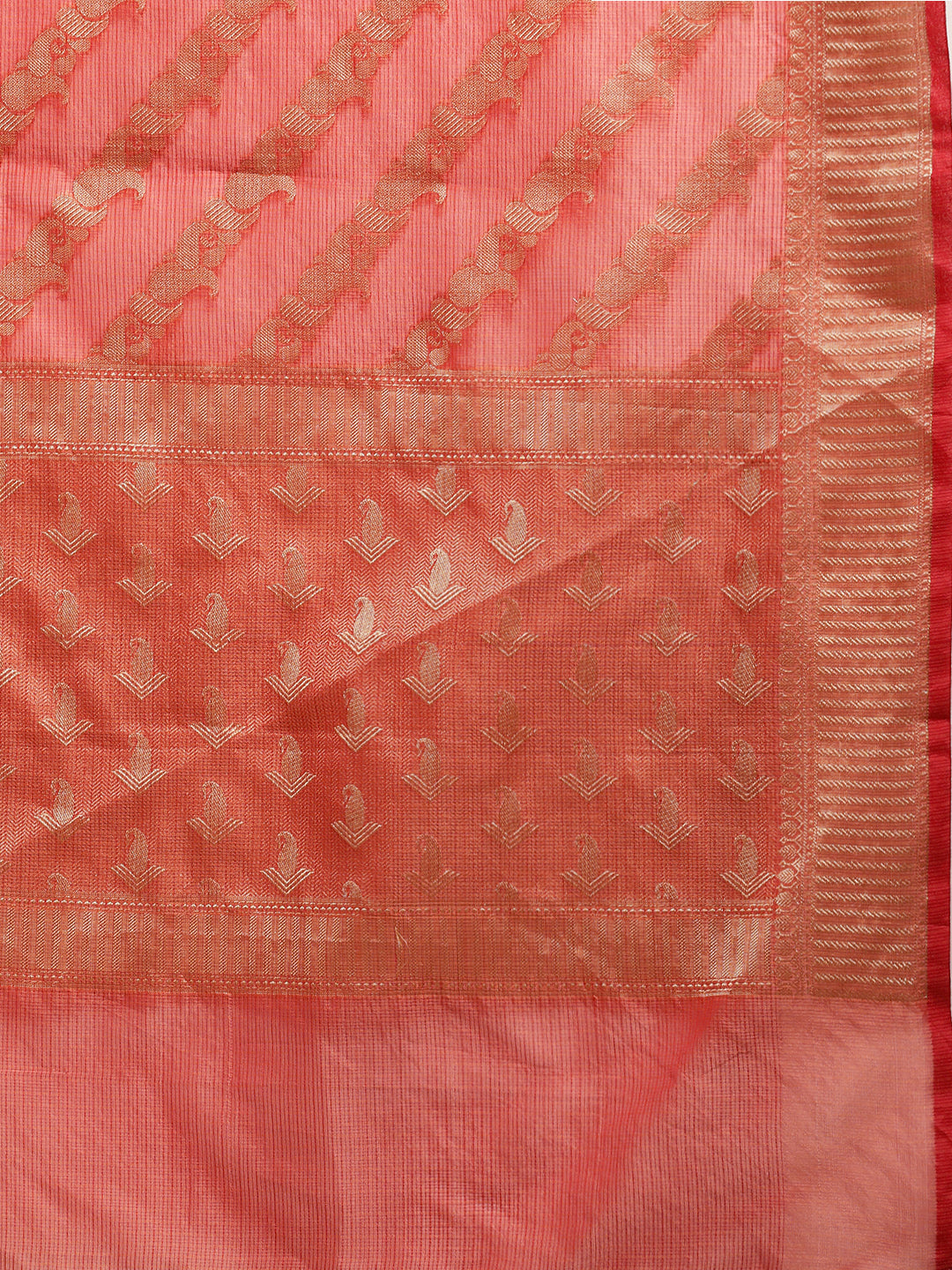 Peach Zari Work Kota Doria Silk Saree