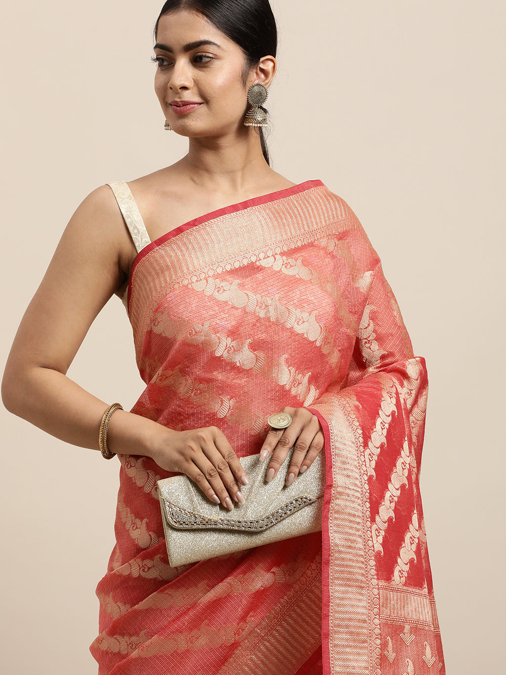 Peach Zari Work Kota Doria Silk Saree