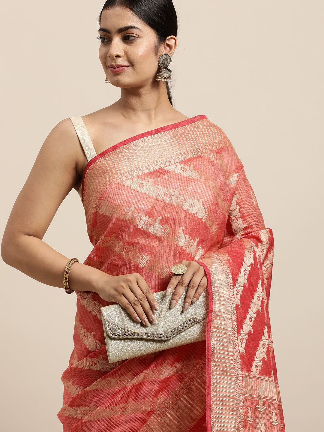 Peach Zari Work Kota Doria Silk Saree
