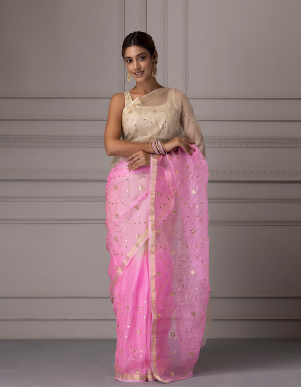 Cream and Pink Shaded Handcrafted Gota Jaal Pure Kota Silk Saree