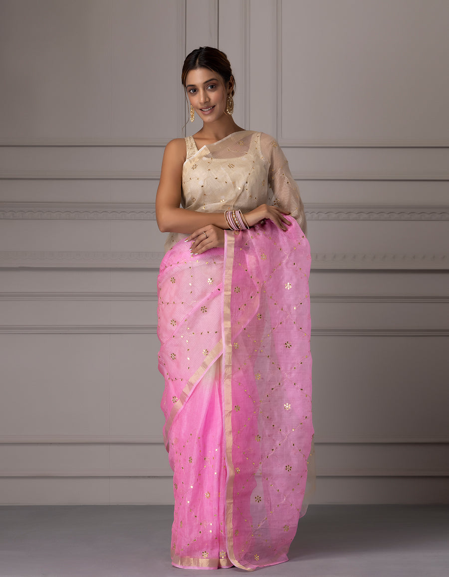 Cream & Pink Shaded Handcrafted Gota Jaal Pure Kota Silk Saree