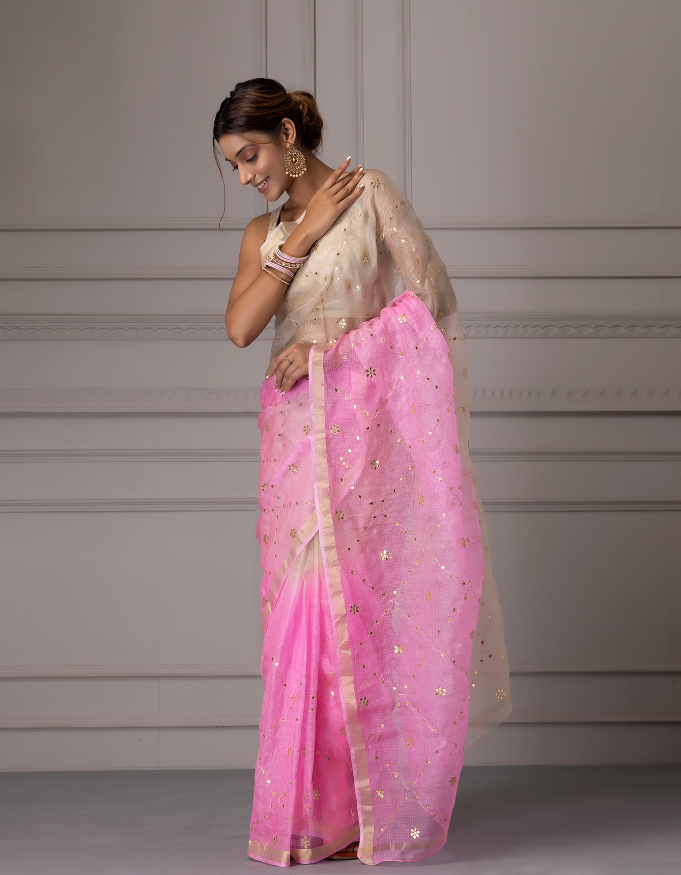 Cream & Pink Shaded Handcrafted Gota Jaal Pure Kota Silk Saree