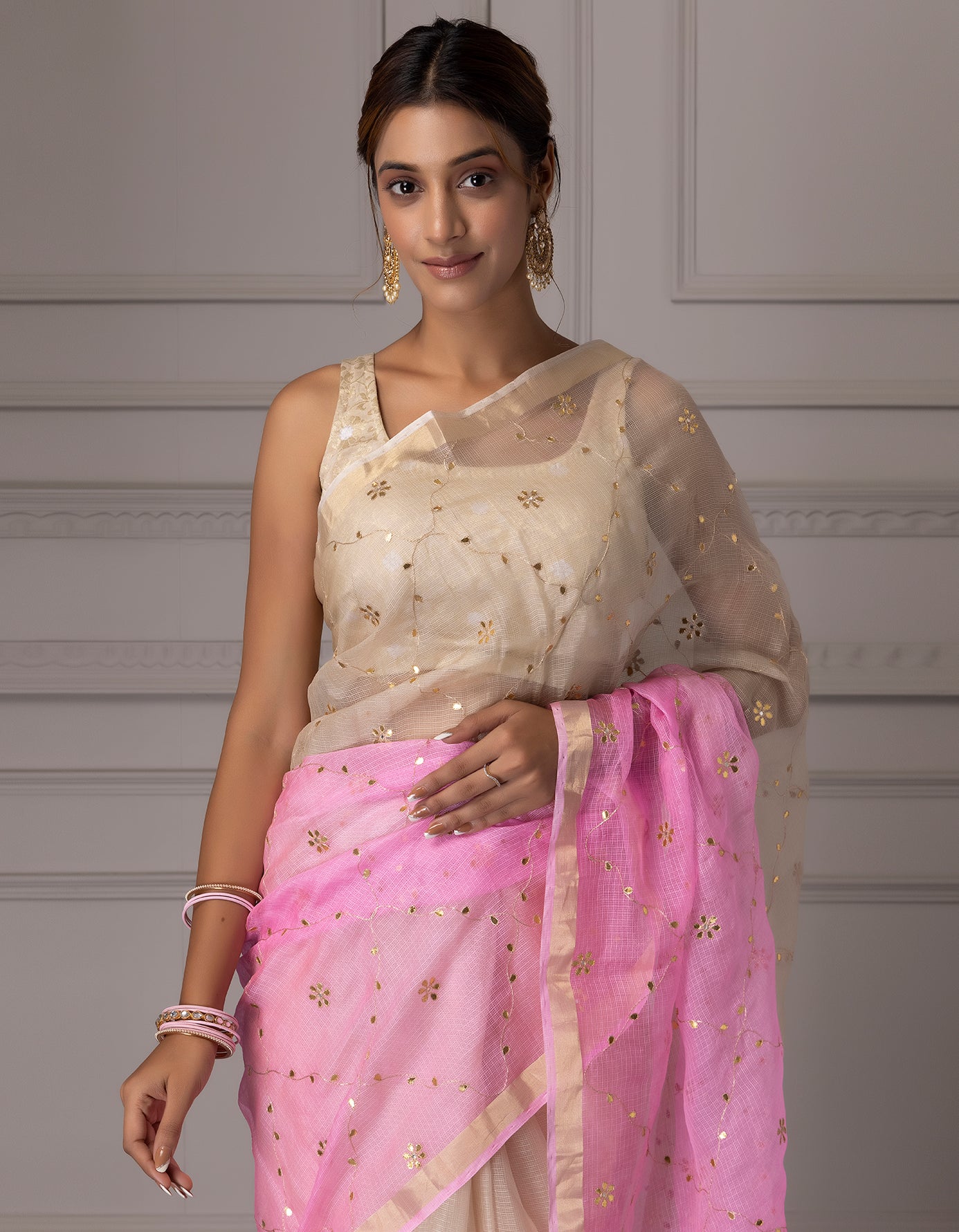 Cream & Pink Shaded Handcrafted Gota Jaal Pure Kota Silk Saree