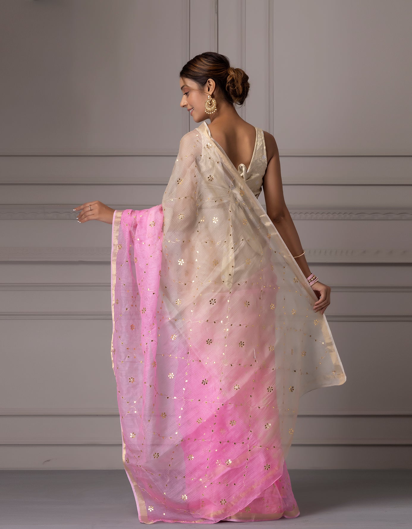 Cream & Pink Shaded Handcrafted Gota Jaal Pure Kota Silk Saree