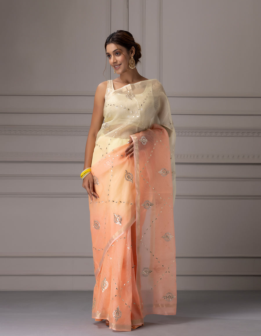Cream &  Peach Shaded Handcrafted Gota Jaal Pure Kota Silk  Saree