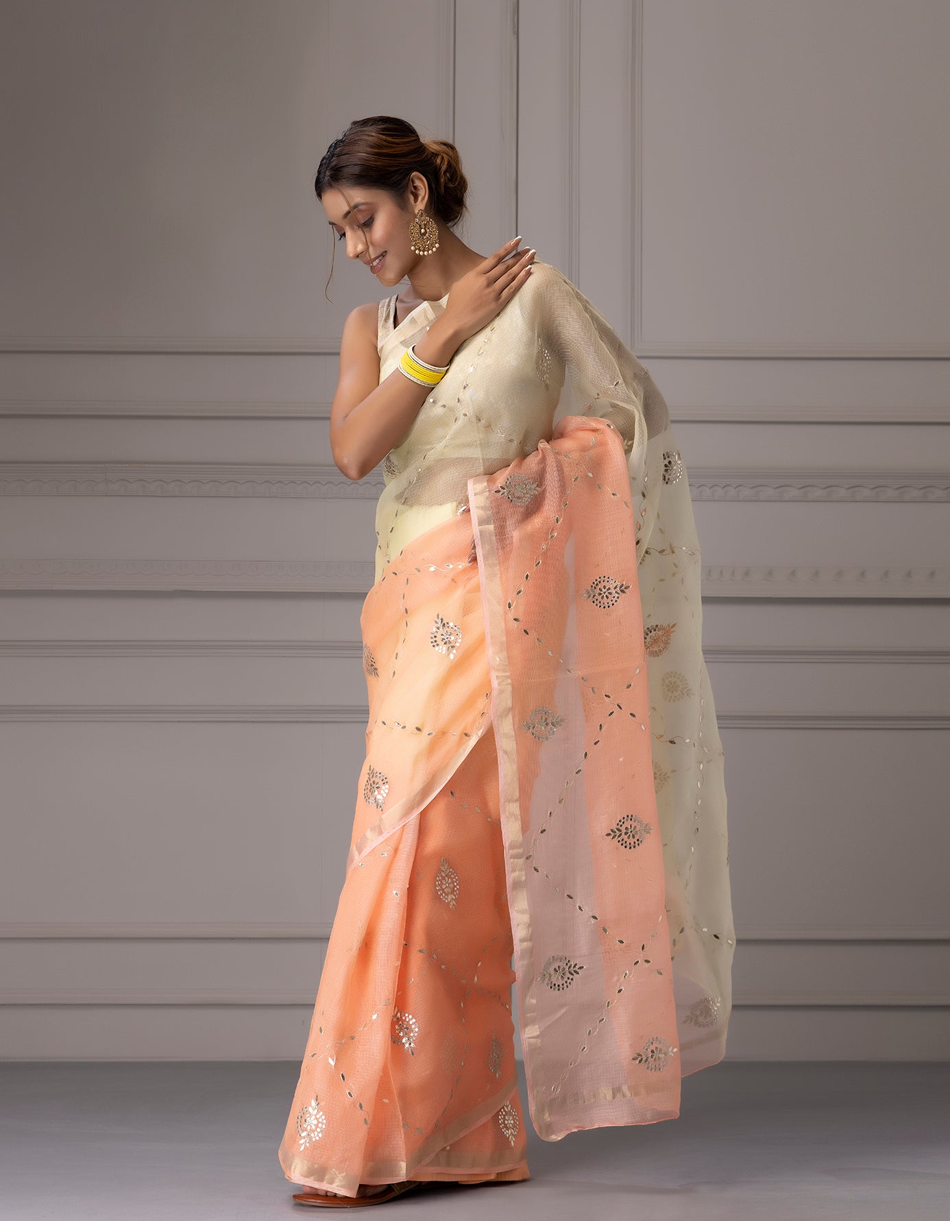 Cream &  Peach Shaded Handcrafted Gota Jaal Pure Kota Silk  Saree