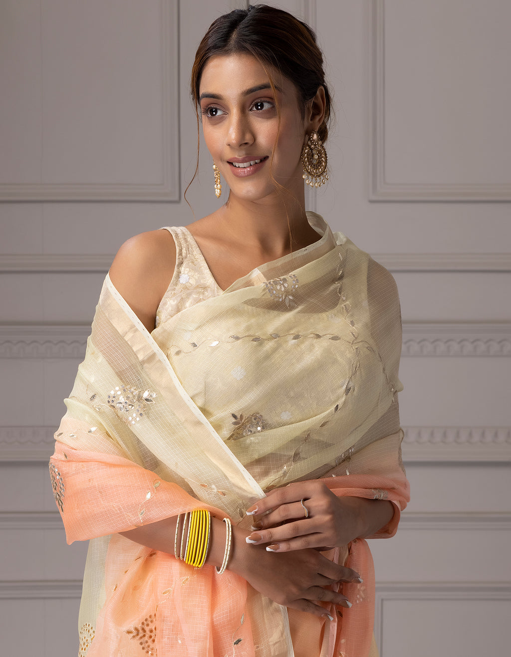 Cream &  Peach Shaded Handcrafted Gota Jaal Pure Kota Silk  Saree