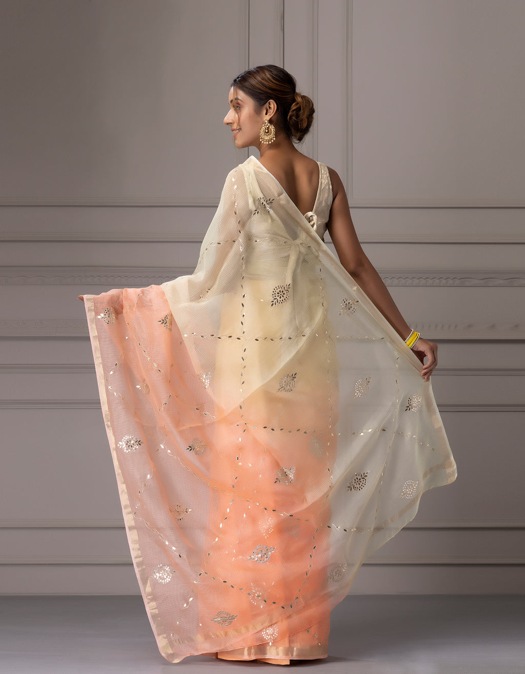 Cream &  Peach Shaded Handcrafted Gota Jaal Pure Kota Silk  Saree