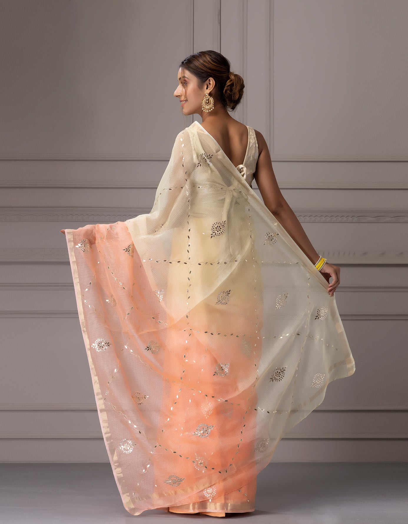 Cream &  Peach Shaded Handcrafted Gota Jaal Pure Kota Silk  Saree