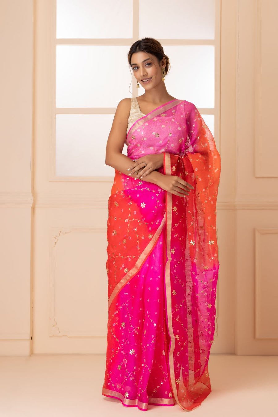 Red And Pink Pure Kota Silk Bandhani Zari Embroidered Saree