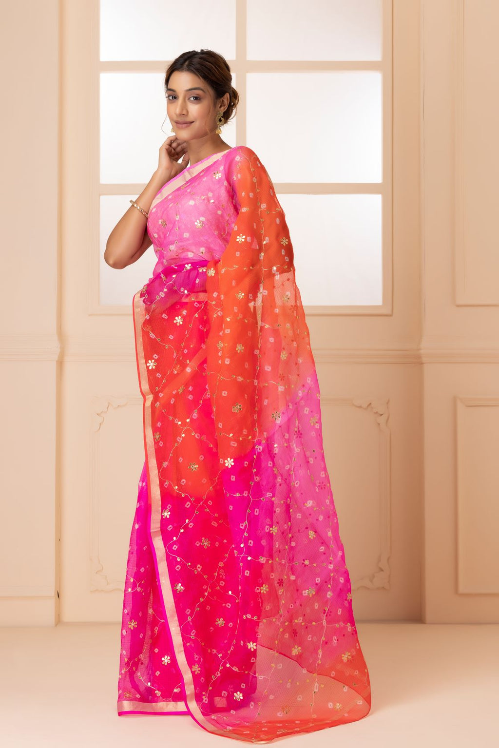 Red And Pink Pure Kota Silk Bandhani Zari Embroidered Saree