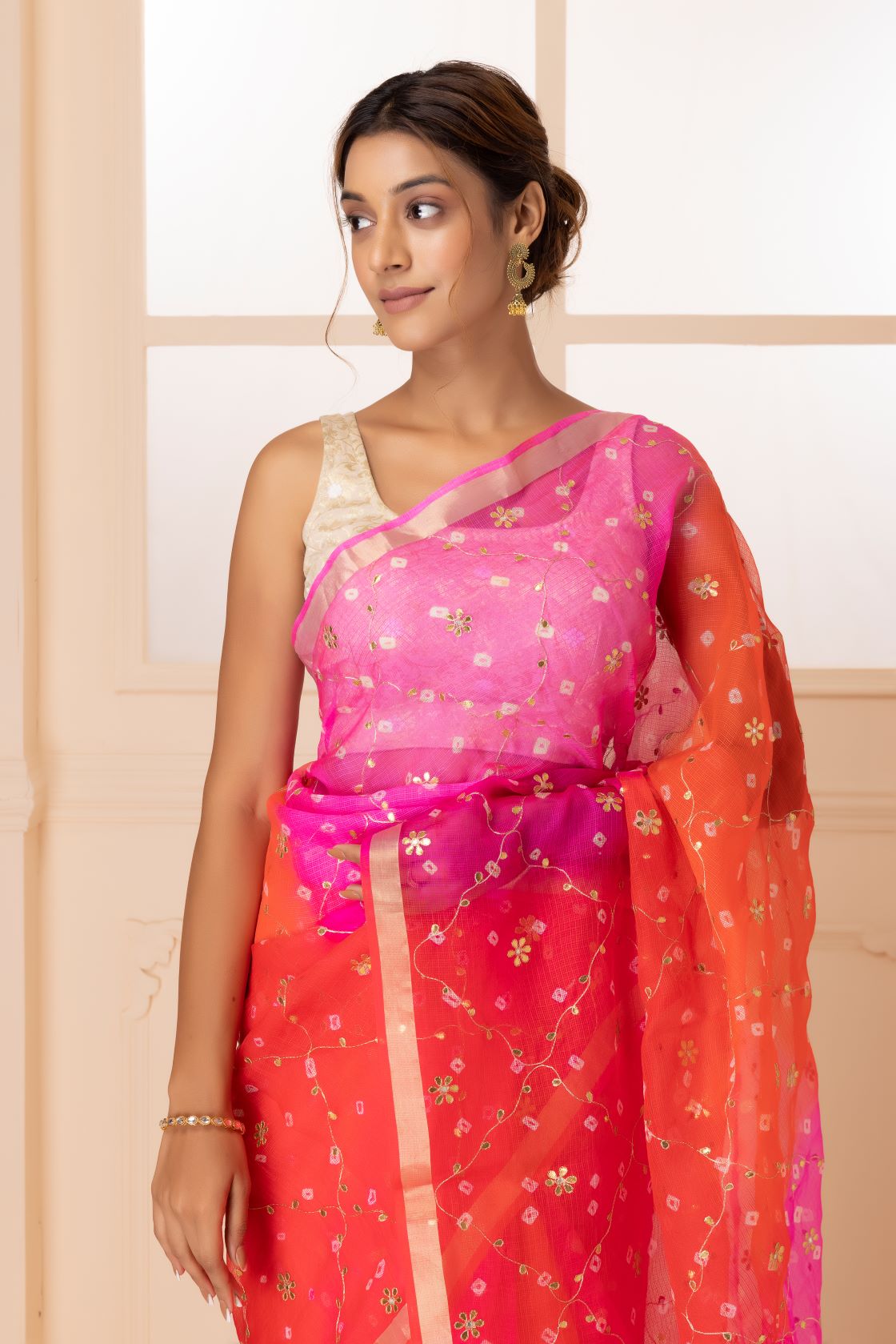 Red And Pink Pure Kota Silk Bandhani Zari Embroidered Saree