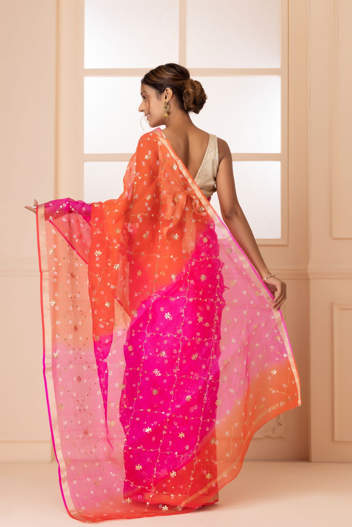 Red And Pink Pure Kota Silk Bandhani Zari Embroidered Saree