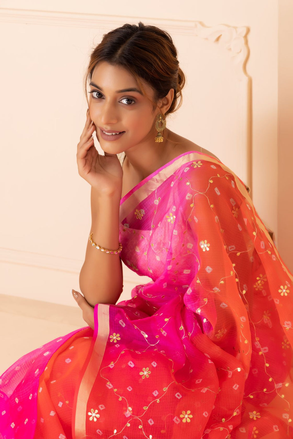 Red And Pink Pure Kota Silk Bandhani Zari Embroidered Saree