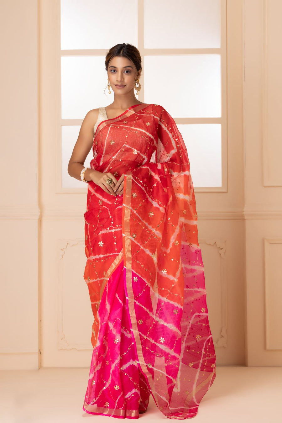 Pink & Orange Pure Kota Silk Bandhani Zari Embroidered Saree