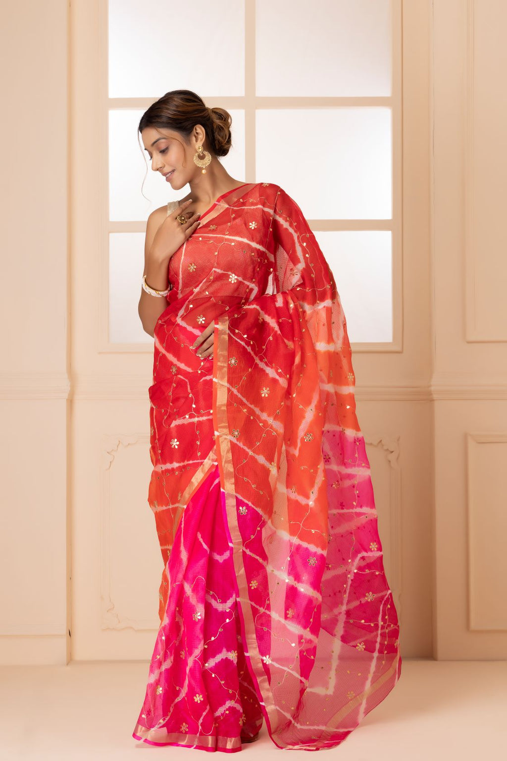 Pink & Orange Pure Kota Silk Bandhani Zari Embroidered Saree