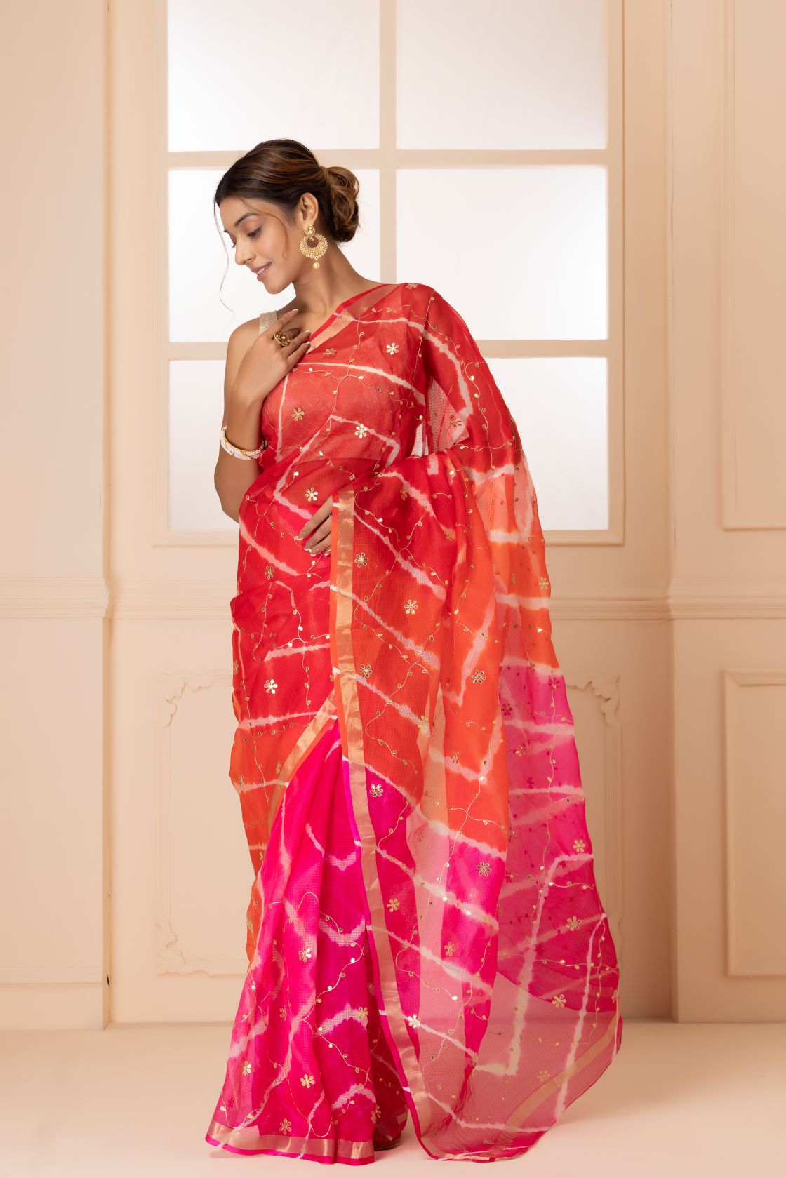 Pink & Orange Pure Kota Silk Bandhani Zari Embroidered Saree