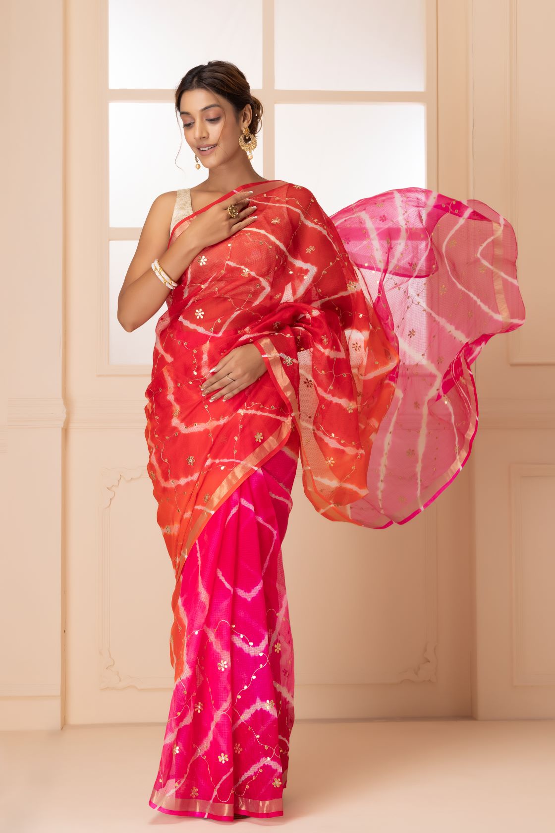 Pink & Orange Pure Kota Silk Bandhani Zari Embroidered Saree