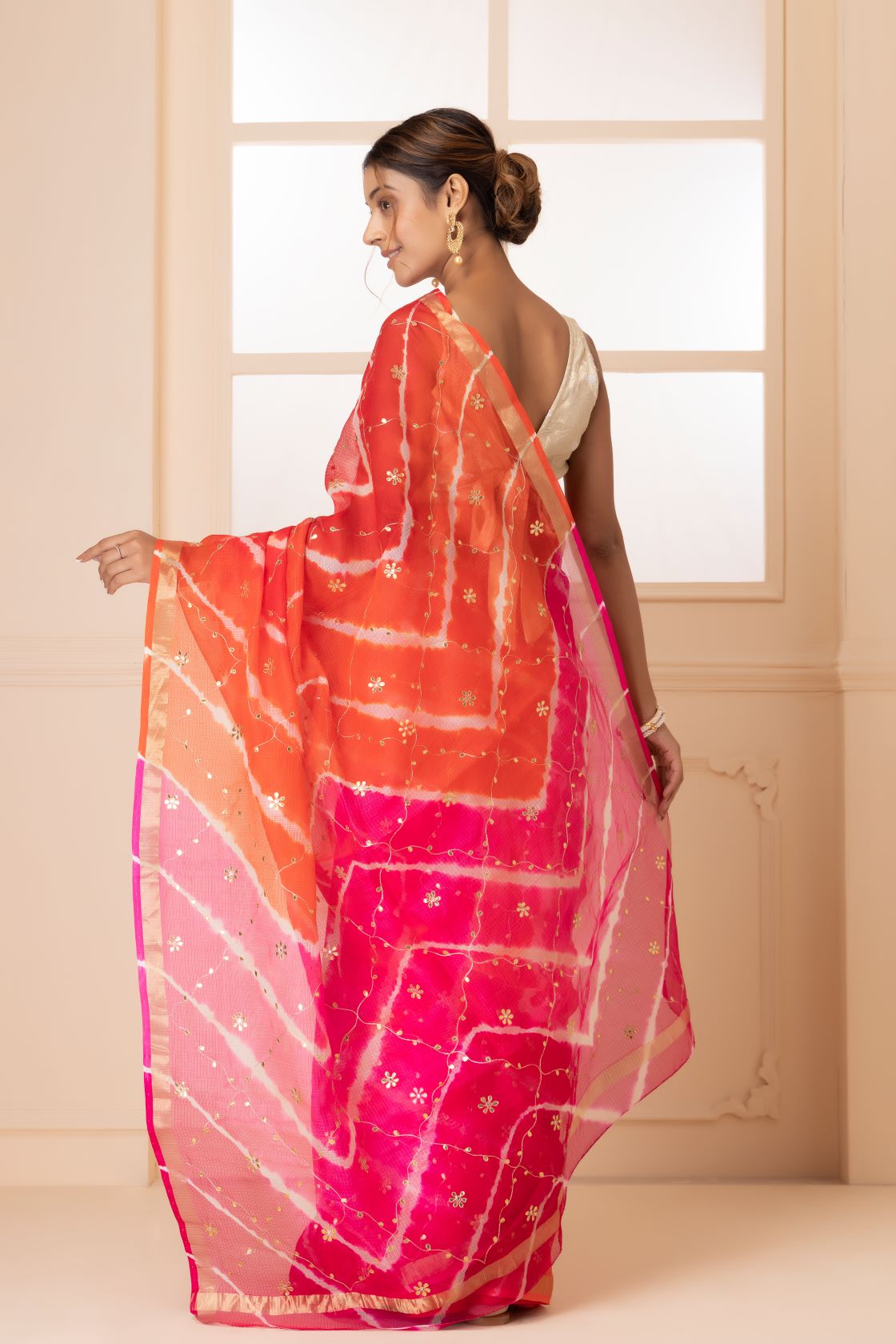 Pink & Orange Pure Kota Silk Bandhani Zari Embroidered Saree