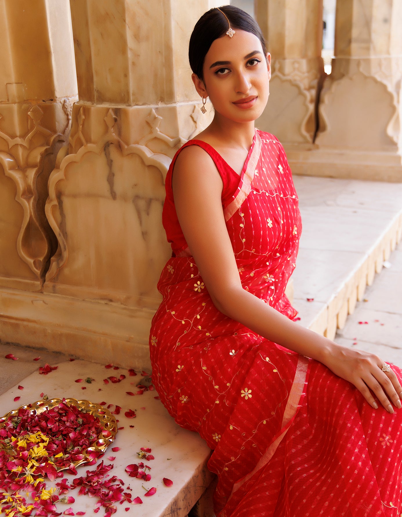 Red Hand Embroidered Gota Patti Pure Kota Silk Mothra Saree