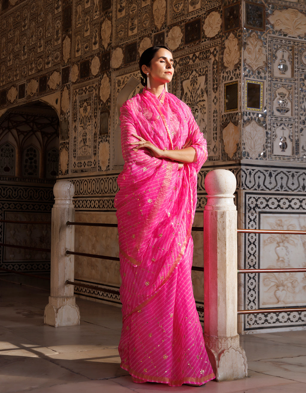 Pink Hand Embroidered Gota Patti Pure Kota Silk Mothra Saree