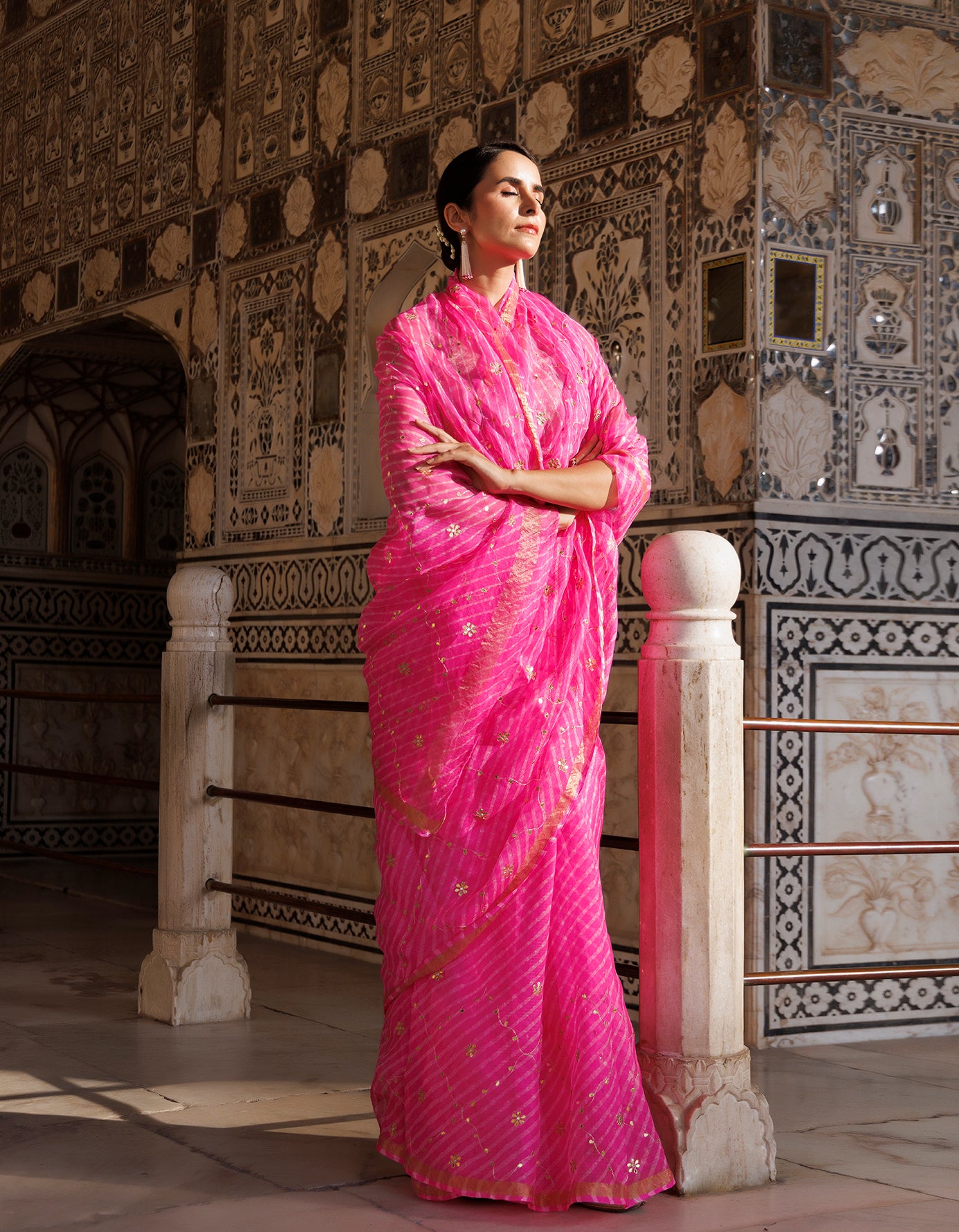 Pink Hand Embroidered Gota Patti Pure Kota Silk Mothra Saree