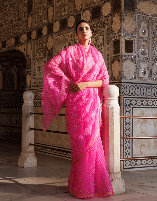 Pink Hand Embroidered Gota Patti Pure Kota Silk Mothra Saree