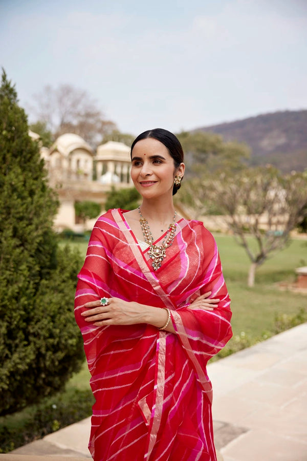 Red Pink Pure Kota Silk Hand Dyed Leheriya Saree