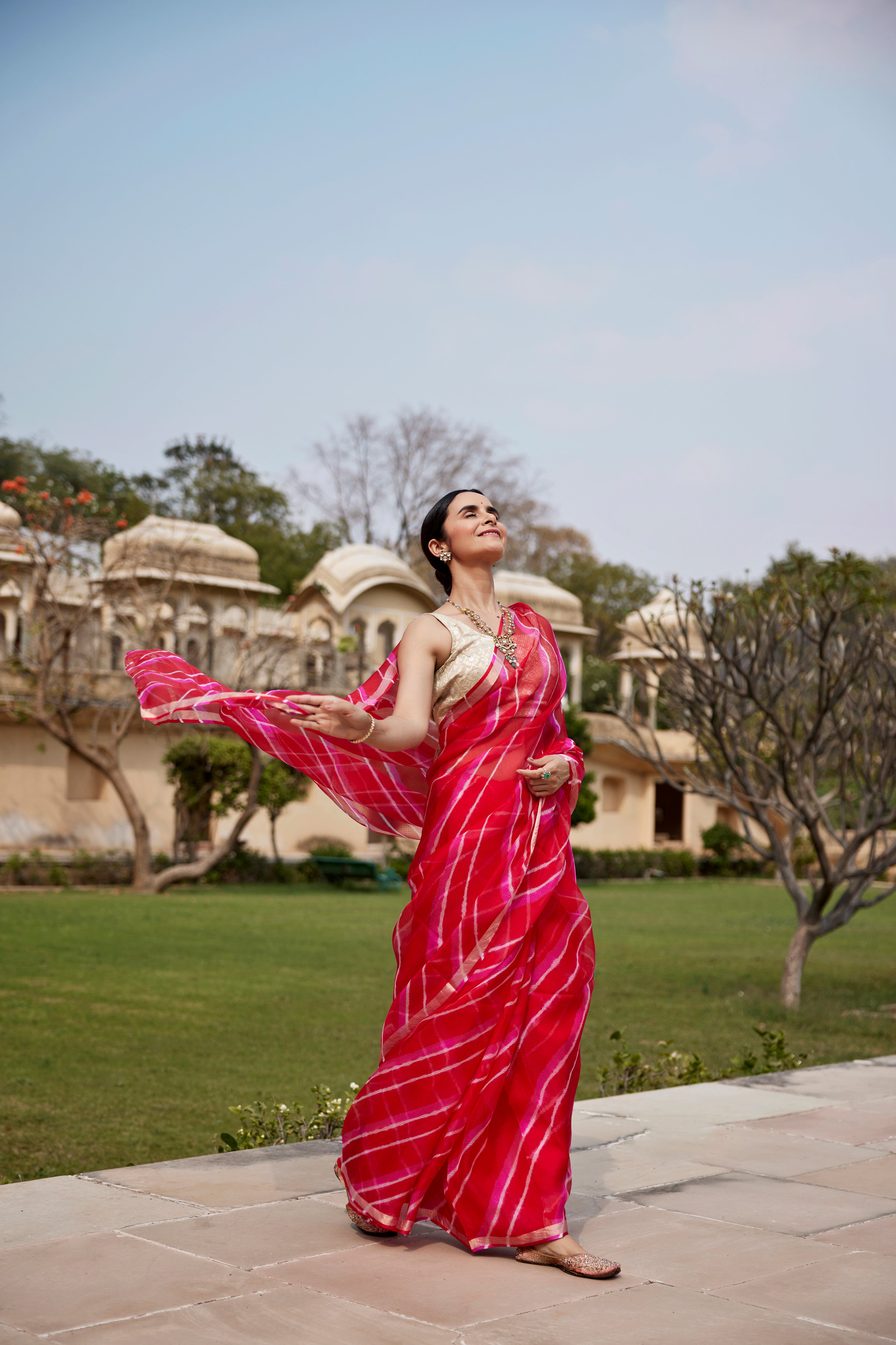 Red Pink Pure Kota Silk Hand Dyed Leheriya Saree
