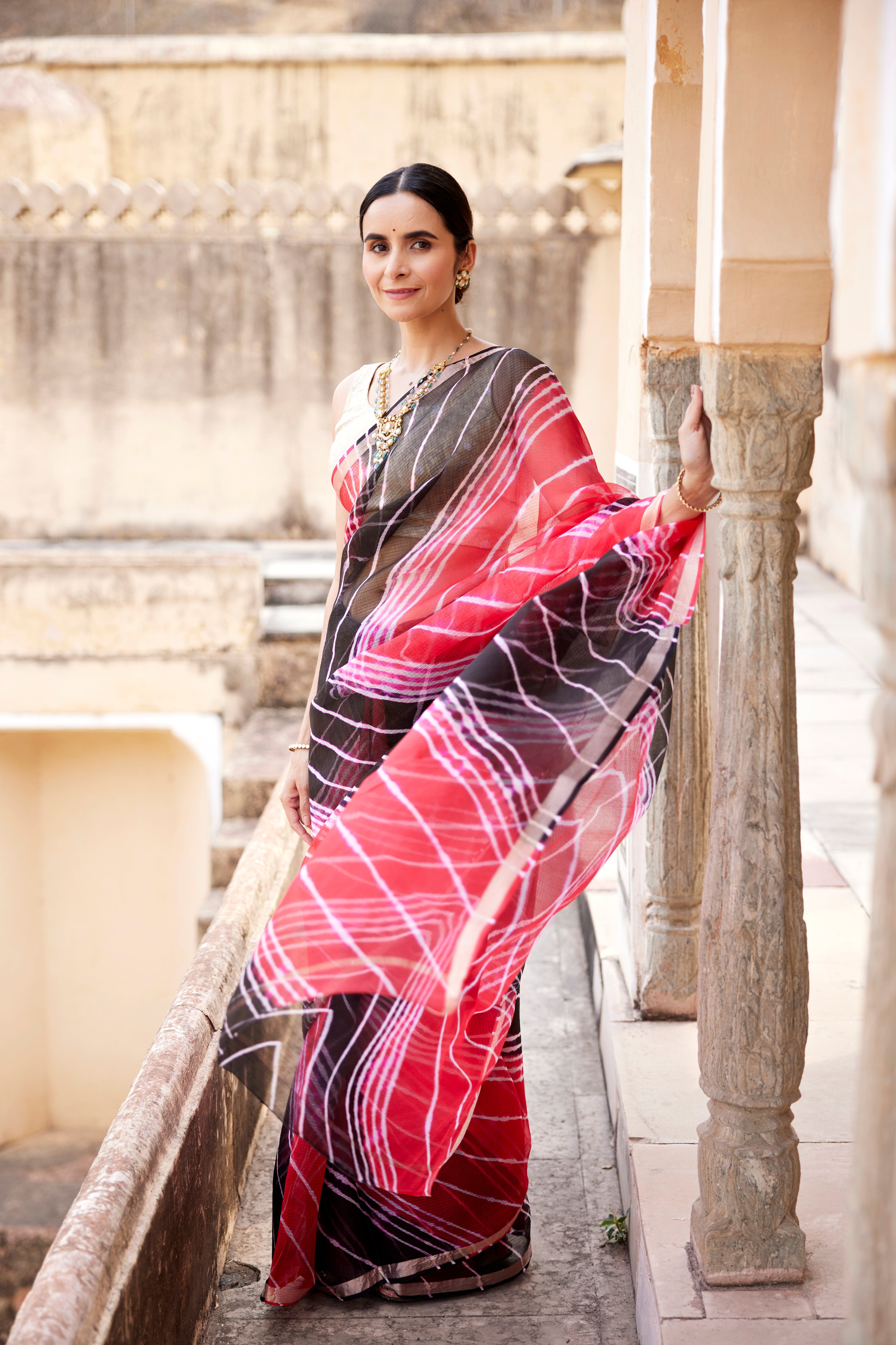 Red-Black Shaded Leheriya Pure Kota Silk Saree With Zari Border