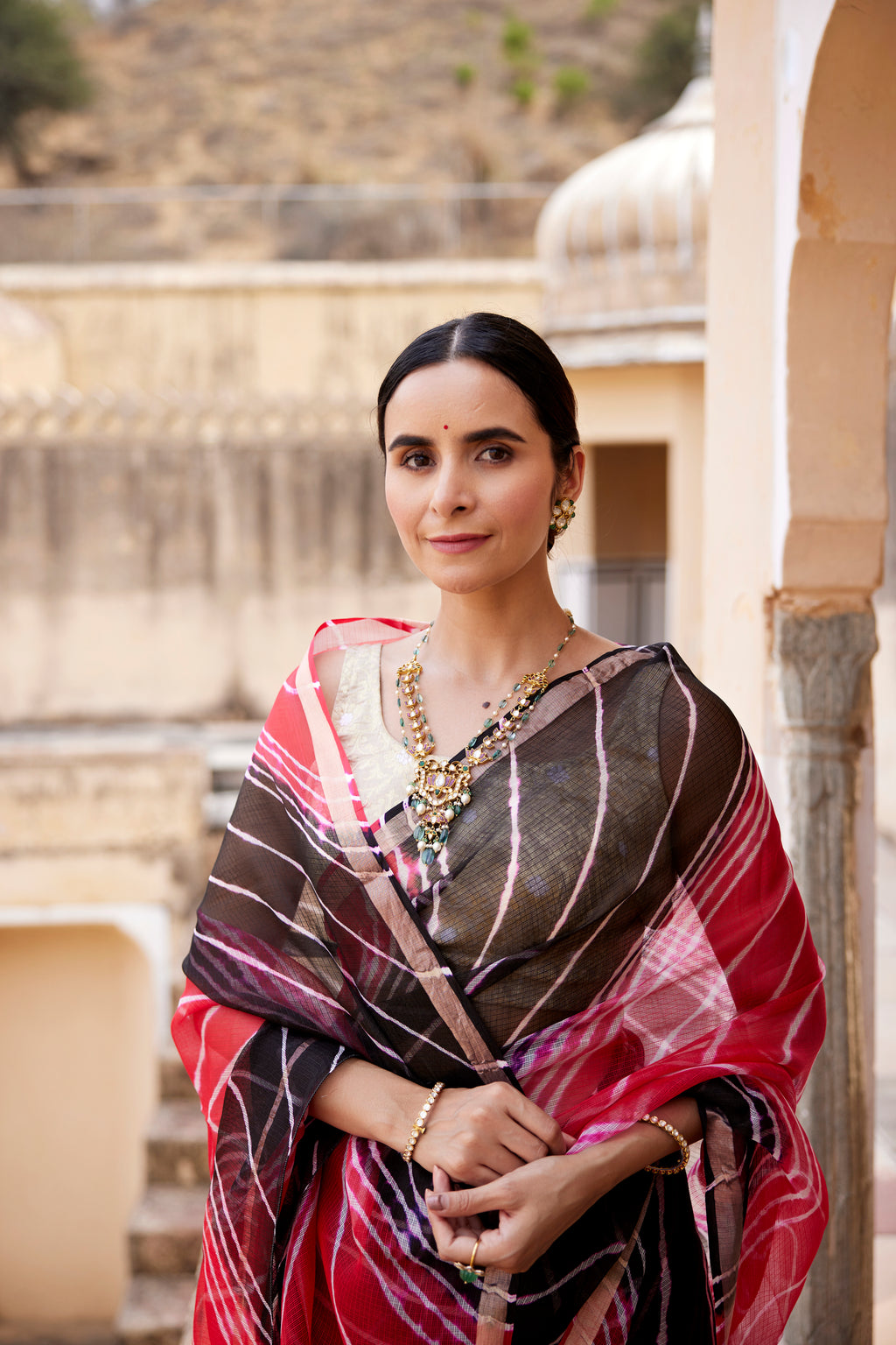 Red-Black Shaded Leheriya Pure Kota Silk Saree With Zari Border