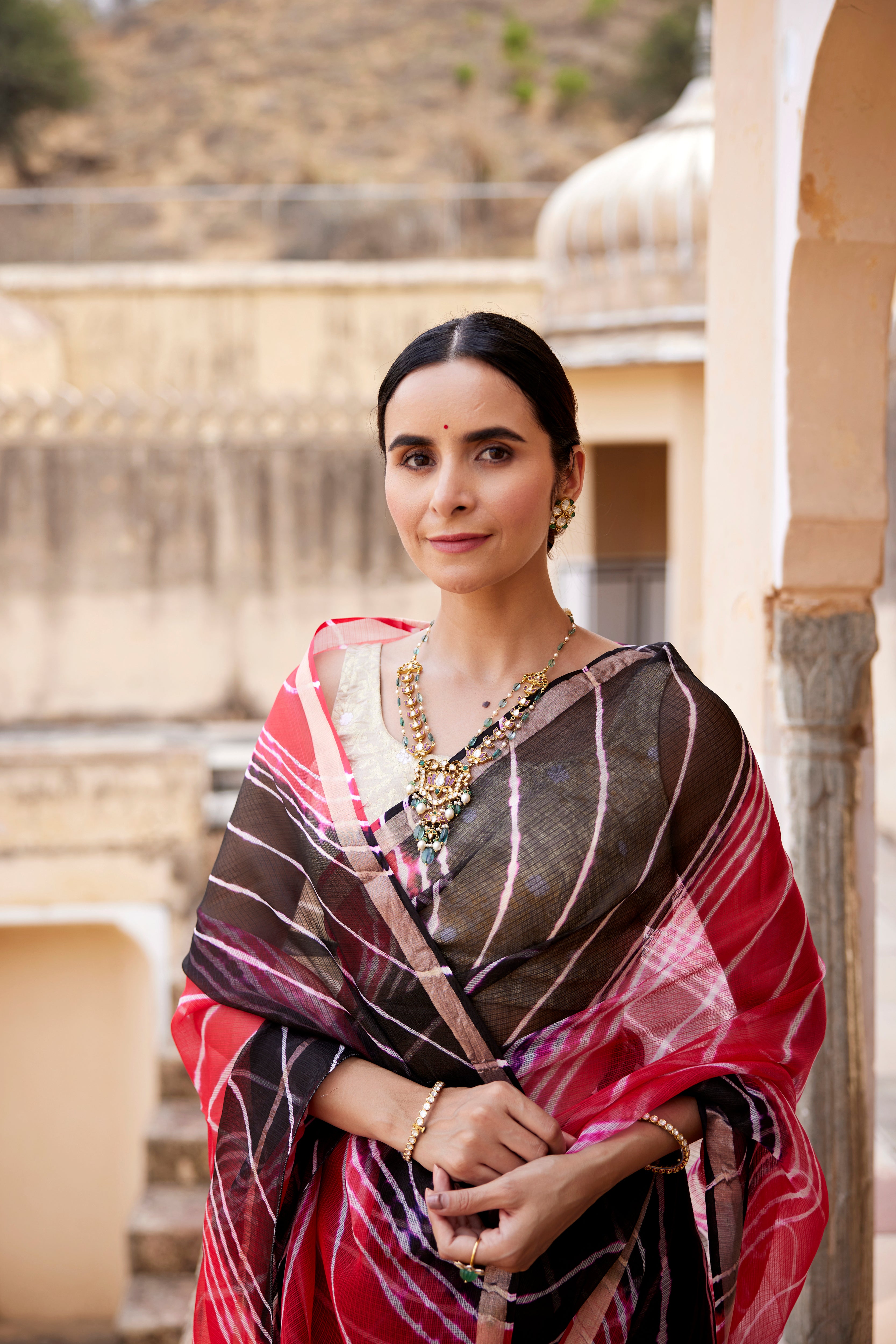 Red-Black Shaded Leheriya Pure Kota Silk Saree With Zari Border