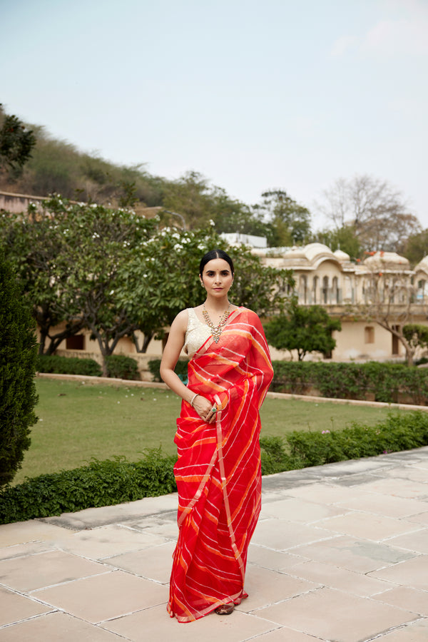Red Orange Pure Kota Silk Hand Dyed Leheriya Saree